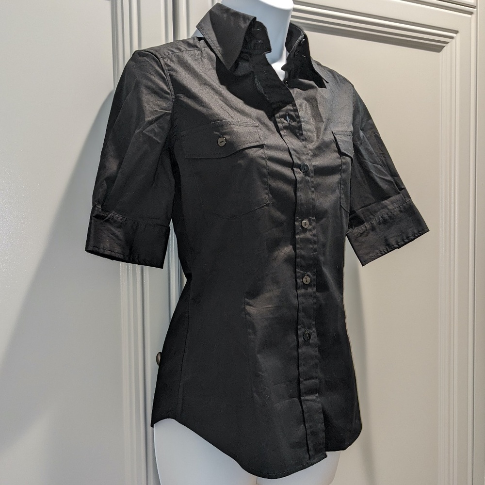 Moda International Black Half Sleeve Button Down Blouse Women's Size XS VGUC